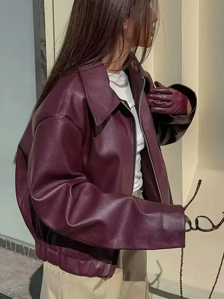 Women’s Burgundy Faux Leather Jacket | Oversized Vintage Zip-Up Cropped Moto Coat