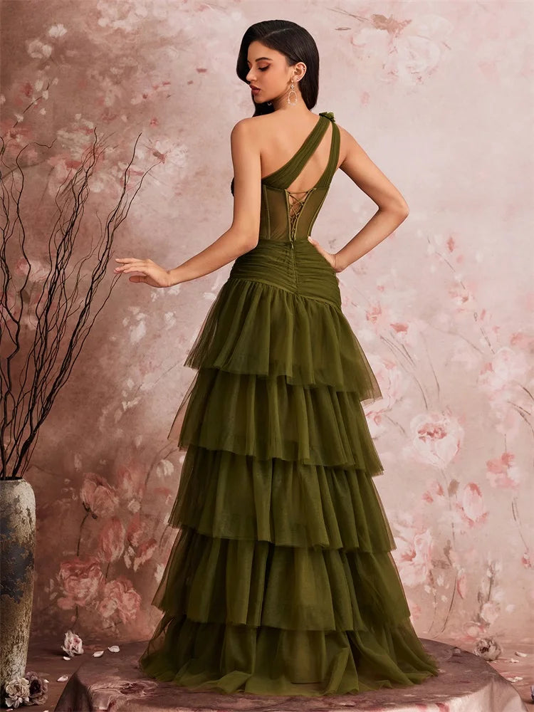 Women’s Olive Green One Shoulder Tiered Tulle Evening Gown | Beaded Waist Formal Maxi Dress with High Slit for Prom, Galas & Weddings