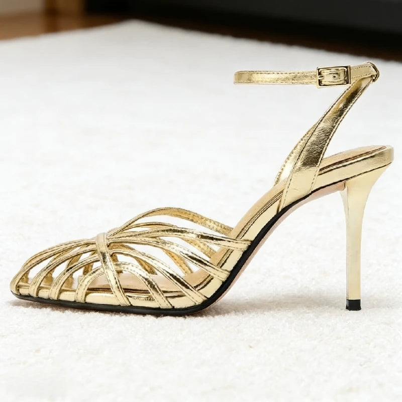 Women’s Metallic Strappy Stiletto Heels – Elegant Ankle Strap Party Sandals for Wedding, Evening & Occasion Wear