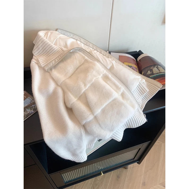 Women’s Faux Fur Knit Zip Cardigan | Luxe Cream Winter Sweater Jacket Coat