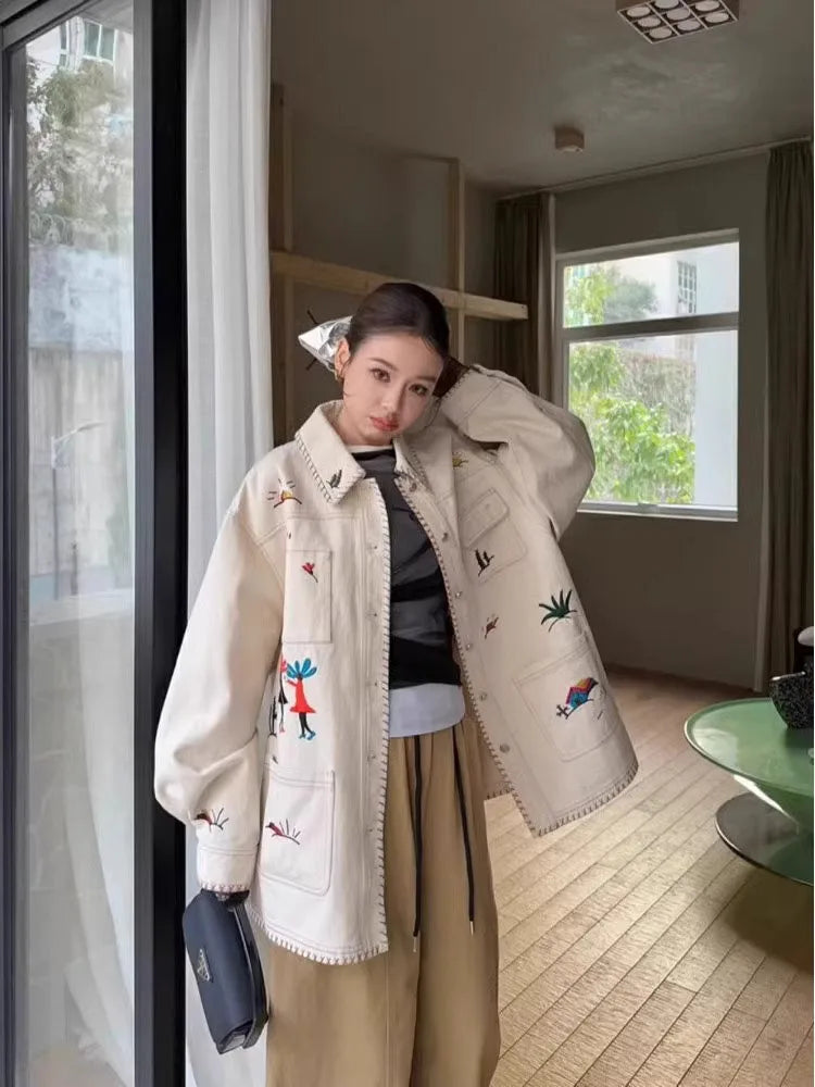 Women’s Oversized Embroidered Denim Jacket | Artistic Vintage Light Wash Casual Shacket