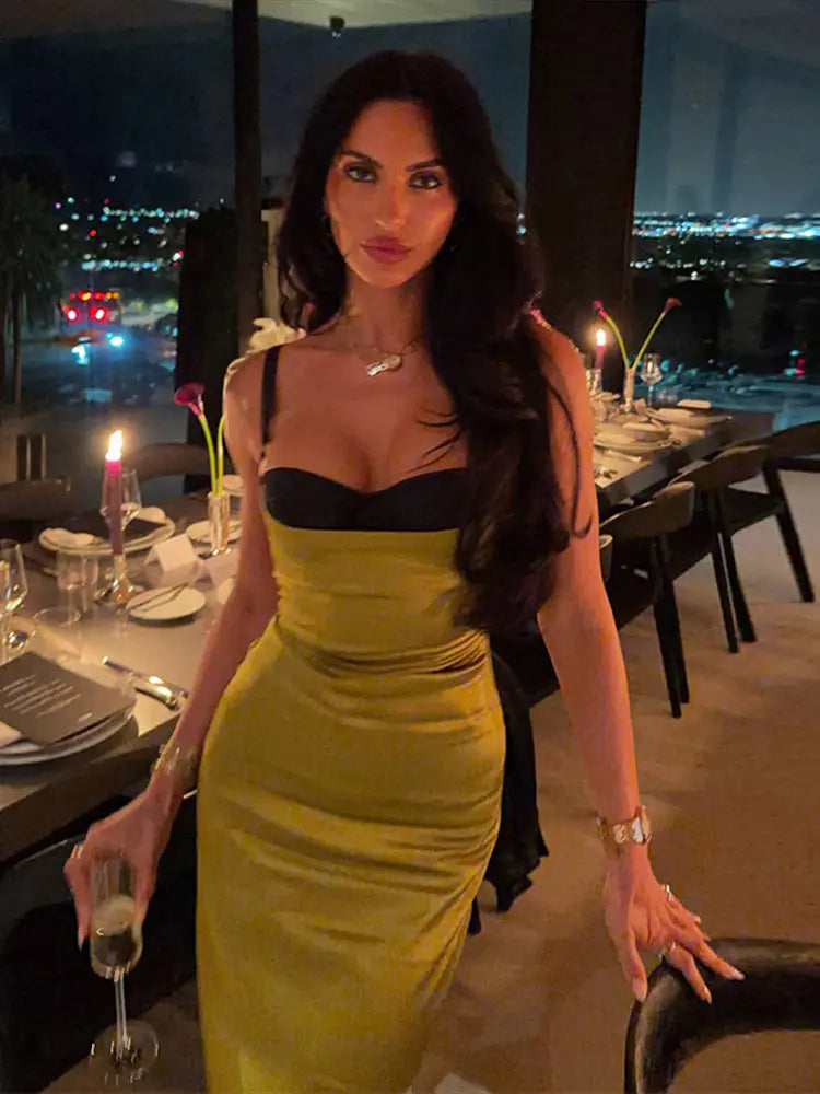 Women’s Olive Green Satin Midi Dress | Vintage Contrast Bust Slip Dress for Date Night & Cocktail Parties