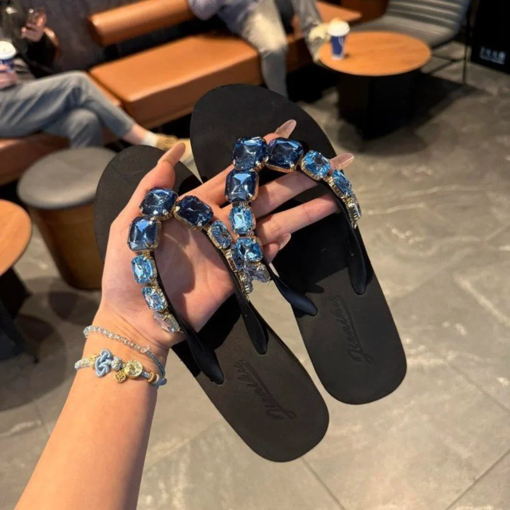Women’s Blue Crystal Embellished Flip Flops – Luxury Rhinestone Thong Sandals for Beach, Vacation & Casual Summer Wear
