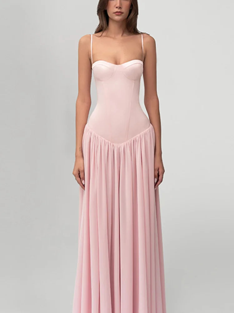 Women’s Blush Pink Corset Maxi Dress | Lace-Up Back Elegant Formal Gown for Weddings, Proms & Special Occasions