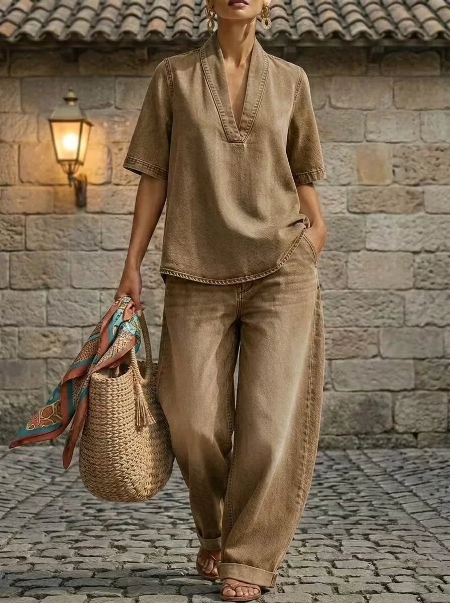 Women's Relaxed Denim Co-Ord Set | V Neck Top & Wide Leg Trousers Casual Outfit