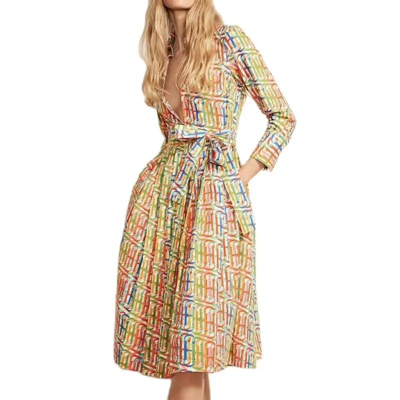 Printed Shirt Midi Dress Women | Long Sleeve Belted A Line Elegant Dress