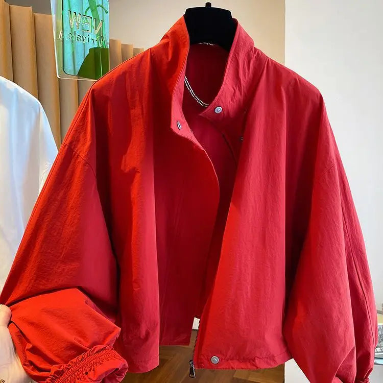 Women’s Cropped Windbreaker Jacket | Minimalist High Neck Lightweight Bomber Coat