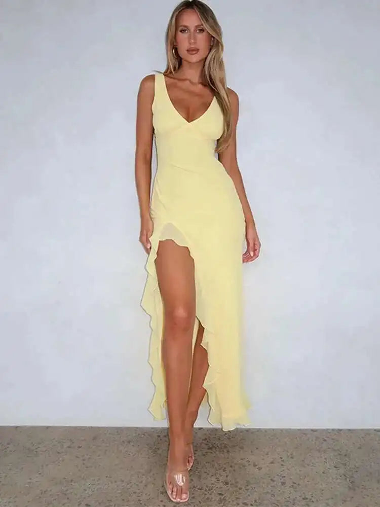 High Split Maxi Dress Women | V Neck Ruffle Evening Party Dress
