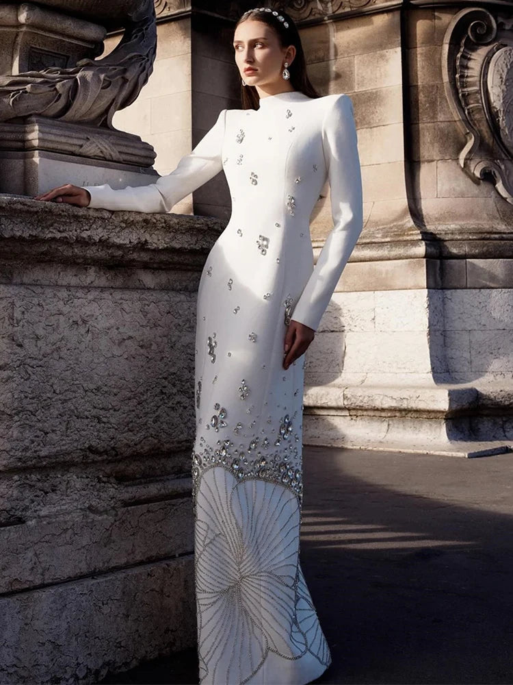 Beaded Maxi Bodycon Dress Women | Long Sleeve Elegant Formal Evening Gown