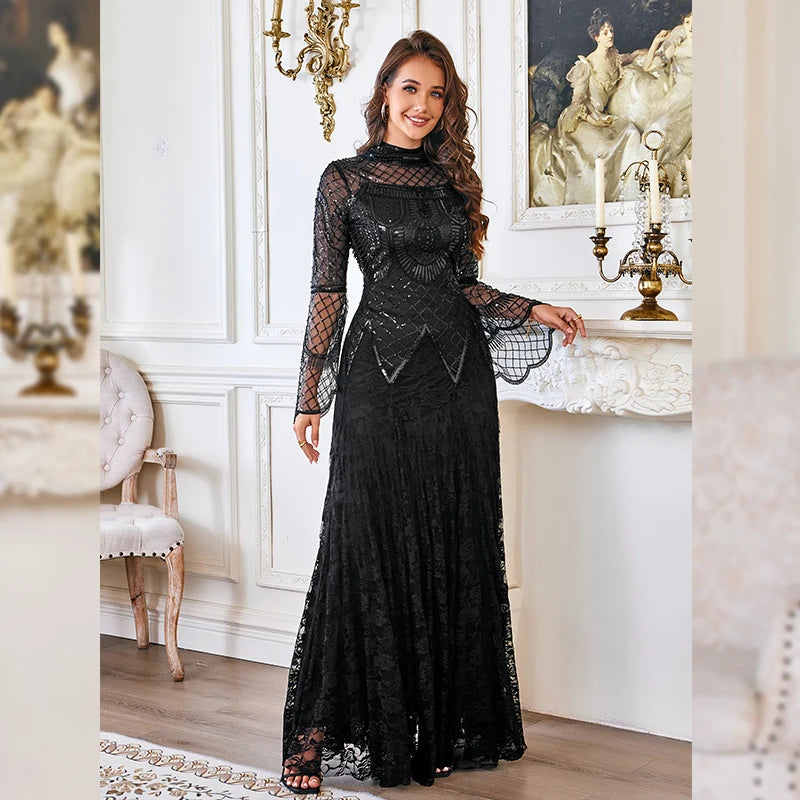 Women’s Black Lace Maxi Dress | Elegant Long Sleeve High Neck Evening Gown for Weddings, Formal Parties & Special Occasions
