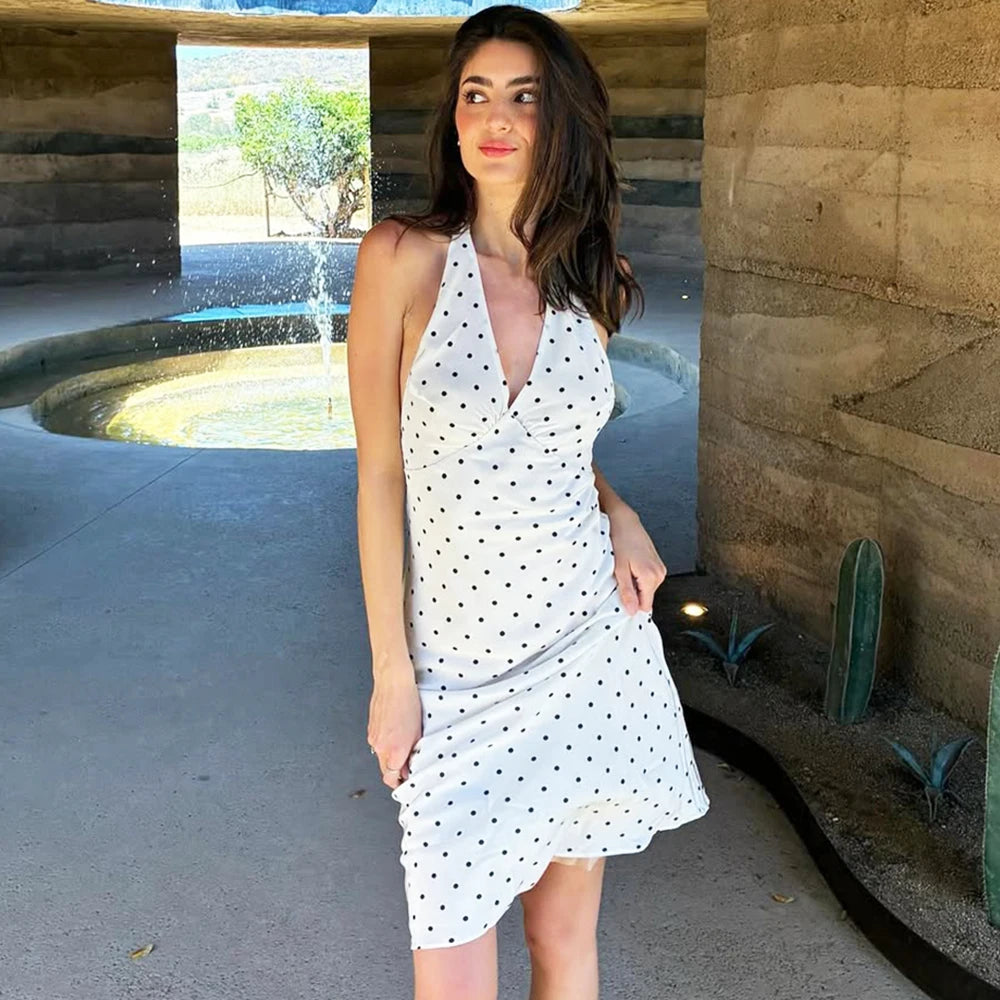 Women’s White Polka Dot Halter Maxi Dress | Elegant Backless Summer Vacation & Resort Dress
