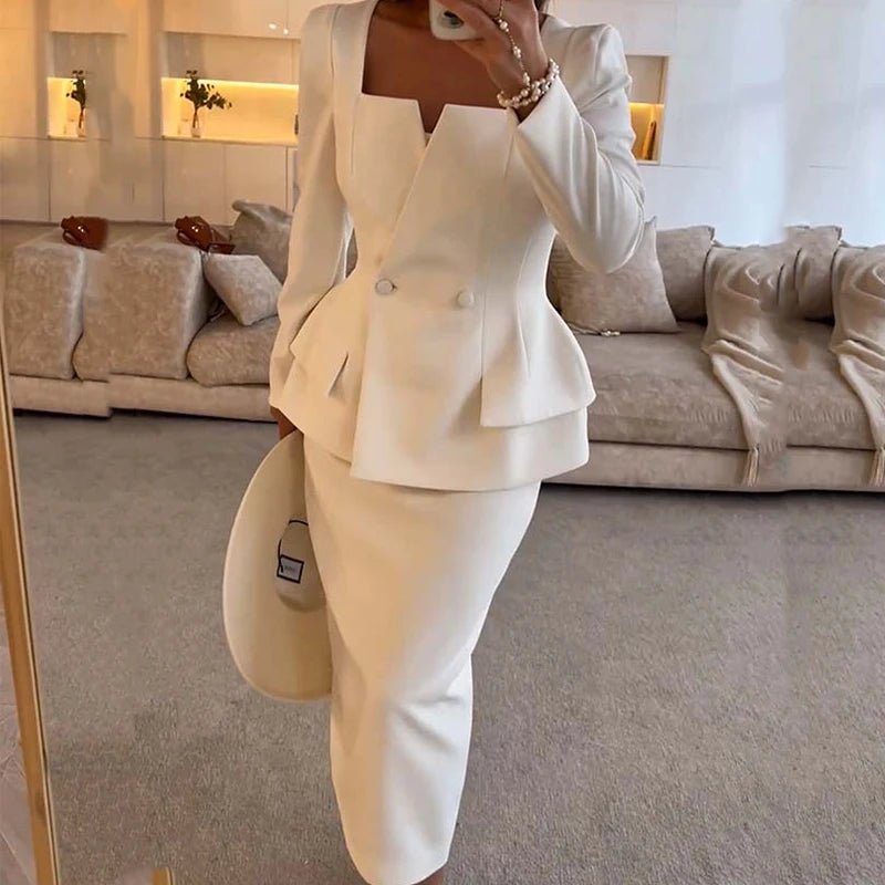 Women's Tailored Blazer & Midi Skirt Co-Ord Set | Elegant Formal Two Piece Suit Outfit