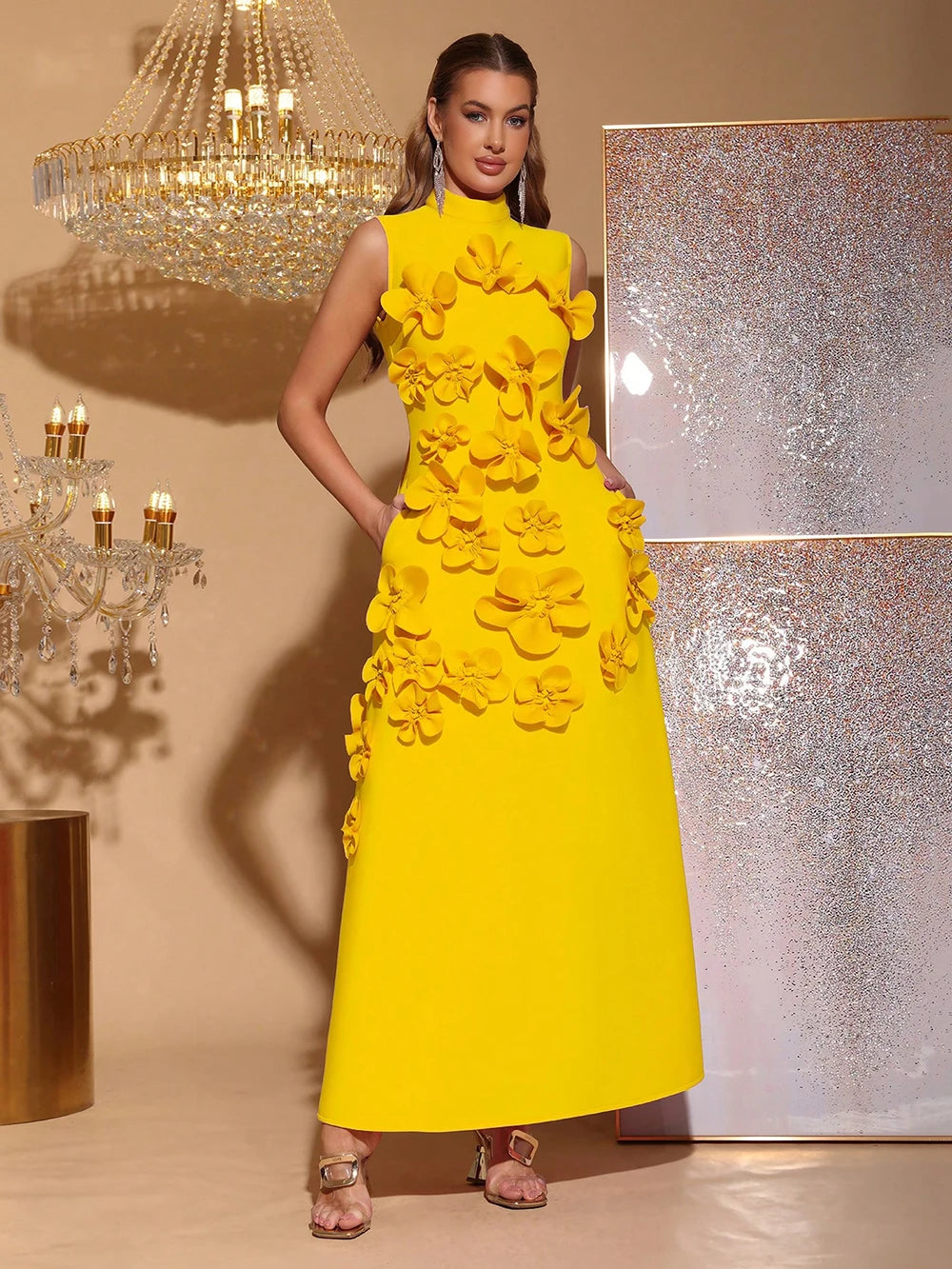 Appliqué Maxi Dress Women | High Neck Sleeveless Elegant Evening Dress