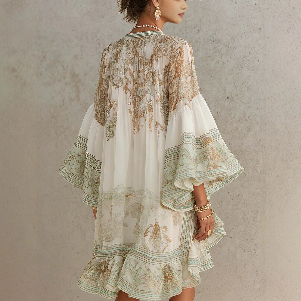 Women’s Boho Floral High-Low Mini Dress | Oversized Chiffon Ruffle Dress with Balloon Sleeves for Beach Vacations & Resort Wear