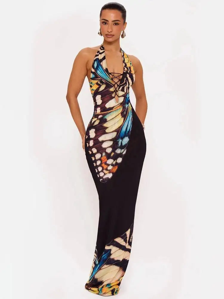 Women’s Butterfly Print Halter Maxi Dress | Backless Bodycon Evening Dress for Vacations, Parties & Resort Wear