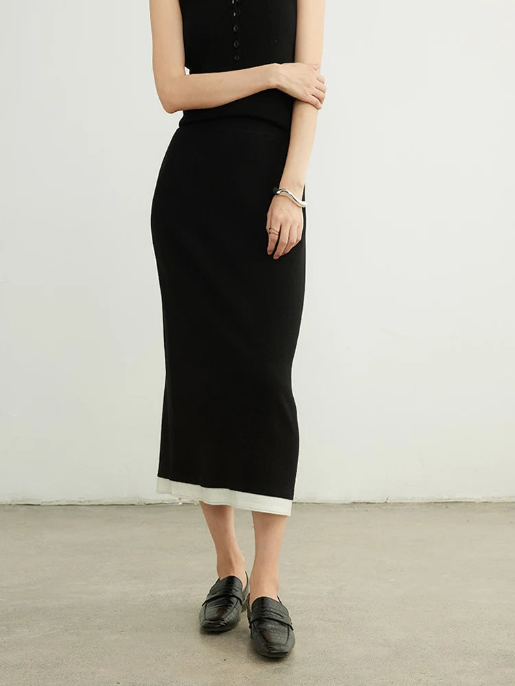 Women Ribbed Knit Midi Skirt High Waist Minimalist Straight Long Skirt