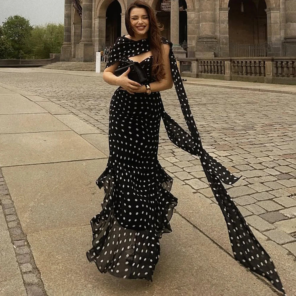 Women’s Black Polka Dot Maxi Dress | Elegant Cowl Neck Slip Dress with Matching Scarf for Vacation & Evening Wear