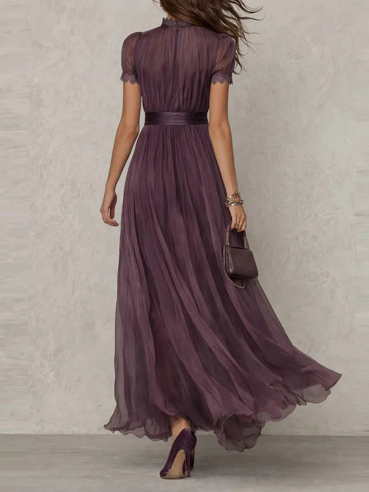 Women’s Vintage Plum Chiffon Maxi Dress | Elegant Puff Sleeve Pleated Formal Dress for Weddings, Evening Parties & Special Occasions