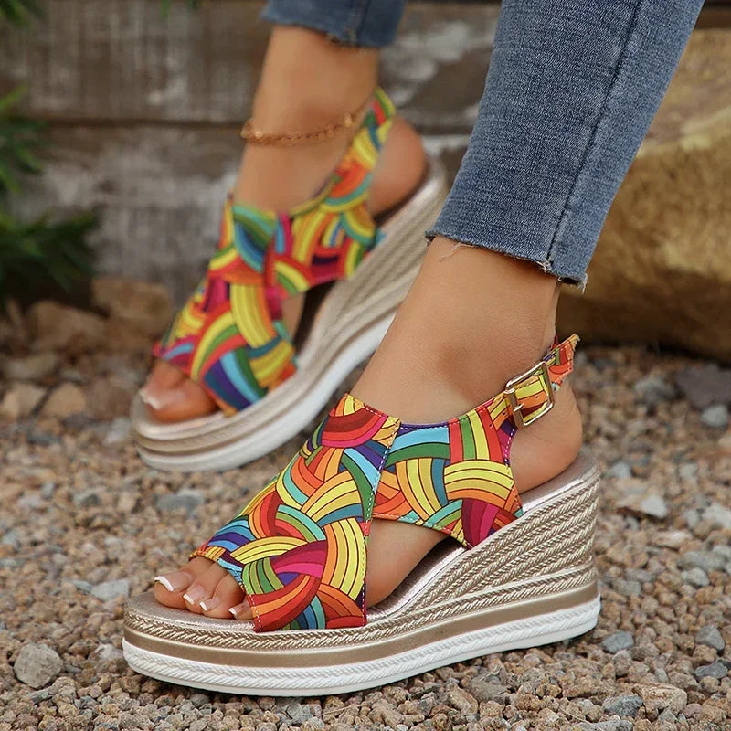Women’s Printed Wedge Sandals – Colorful Platform Slingback Sandals for Casual, Travel & Summer Wear