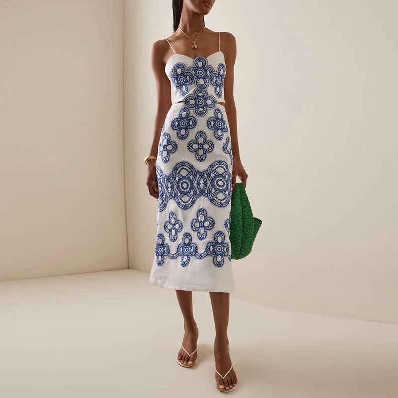 White Blue Print Midi Dress Women | Summer Slip Sundress