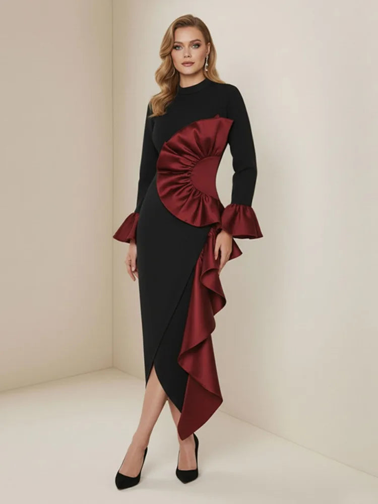 Ruffle Midi Dress Women | Long Sleeve High Neck Elegant Party Dress