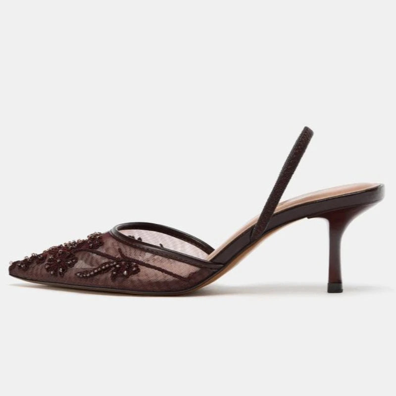 Women’s Embroidered Mesh Slingback Heels – Elegant Pointed Toe Party Pumps for Wedding & Evening Wear