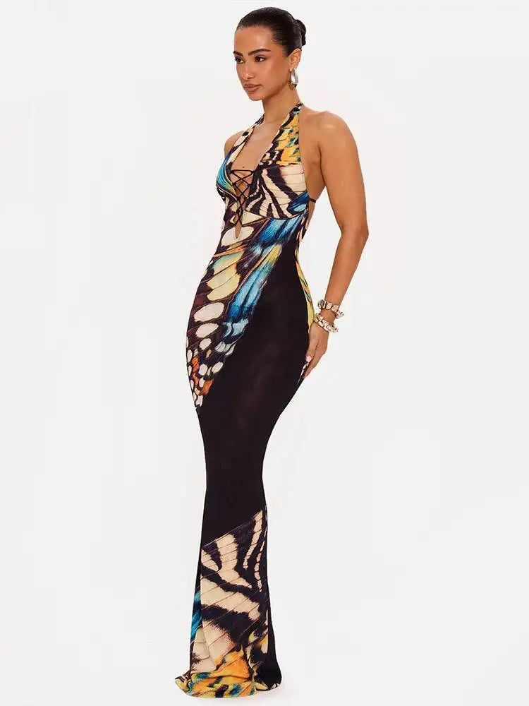Women’s Butterfly Print Halter Maxi Dress | Backless Bodycon Evening Dress for Vacations, Parties & Resort Wear
