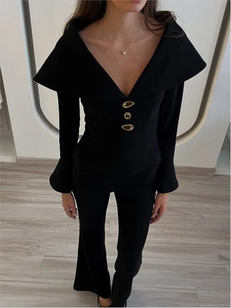 Black Retro Sexy Two Piece Set For Women V Neck Slim Long Sleeve Top Fashionable Flare Pants Elegant Suit Female