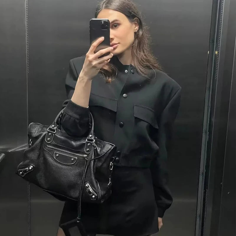Women’s Minimalist Cropped Bomber Jacket | Elegant Casual Zip-Up Coat