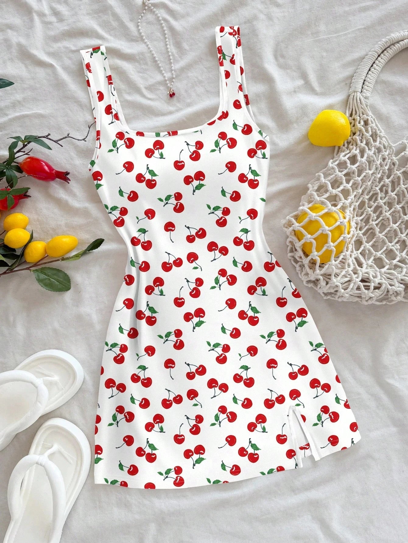 Women’s Cherry Print Mini Dress | Cute Y2K Sleeveless A-Line Summer Dress for Vacations & Casual Wear