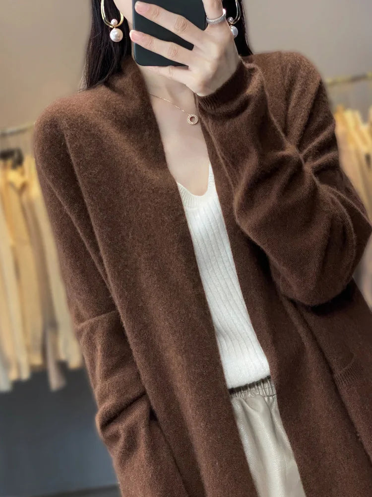 Women’s Long Brown Knit Cardigan Coat | Minimalist Open Front Cozy Sweater Jacket