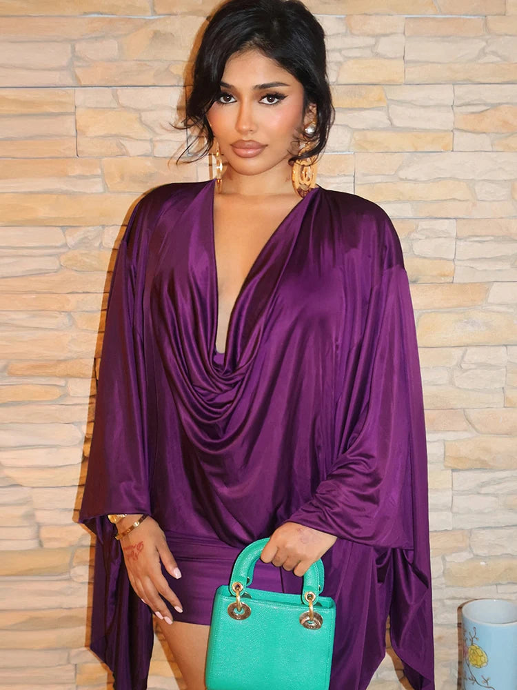 Women’s Purple Satin Batwing Mini Dress | Deep V-Neck Draped Bodycon Cocktail Dress for Parties, Date Nights & Evening Wear