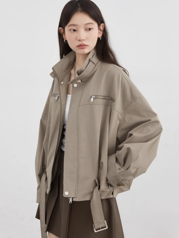 Women’s Taupe Faux Leather Bomber Jacket | Oversized Cropped Moto Jacket with Stand Collar for Casual, Streetwear & Fall Fashion