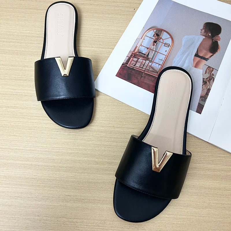 Women’s Minimalist V Metal Slide Sandals – Elegant Flat Slip-On Summer Slides for Casual, Vacation & Everyday Wear
