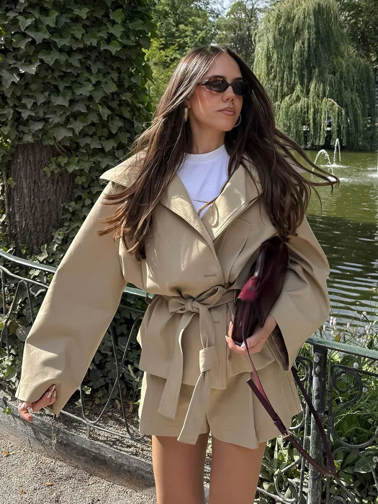 Women's Belted Jacket & Pleated Mini Skirt Co-Ord Set | Smart Casual Two Piece Outfit