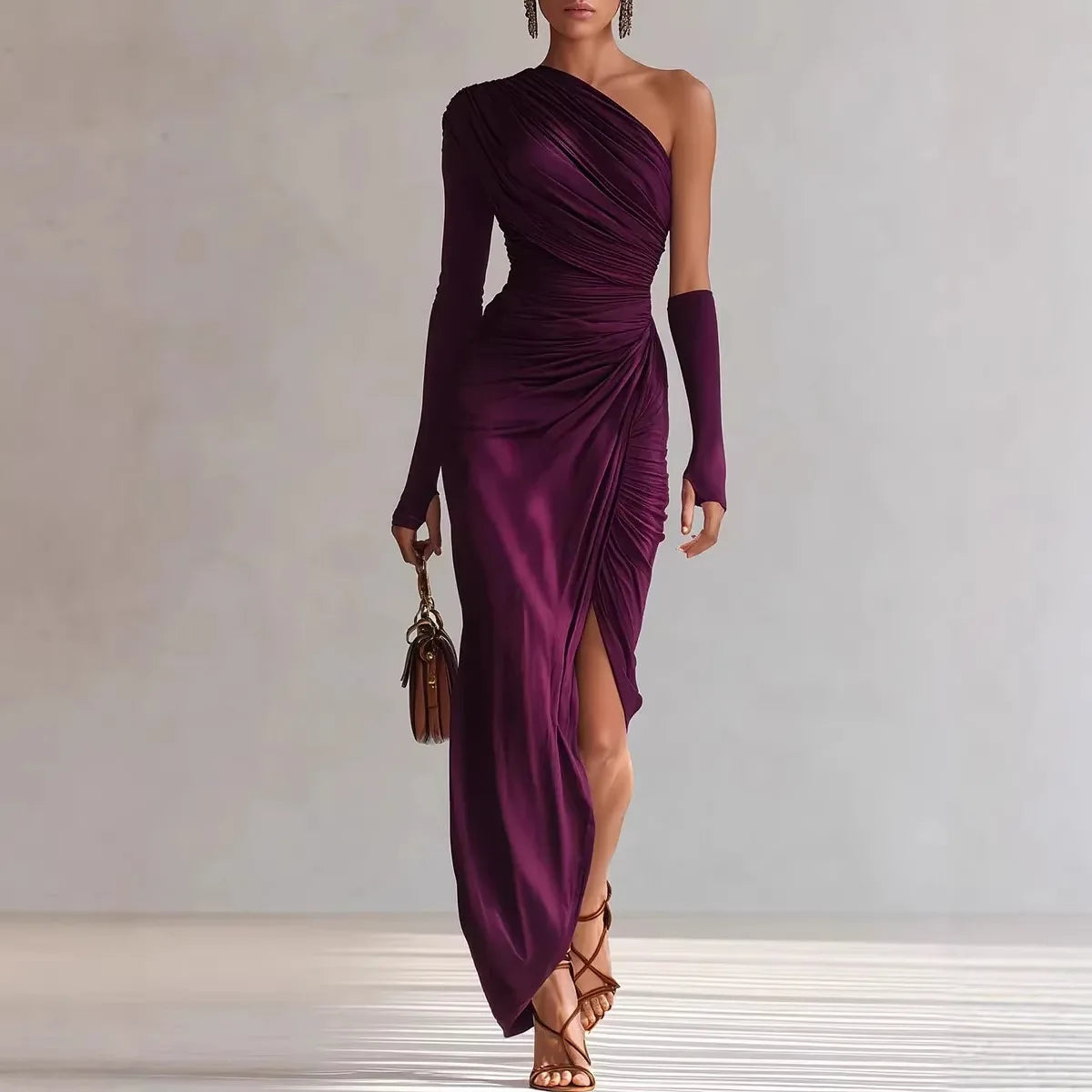 Women’s Burgundy One Shoulder Satin Maxi Dress | Ruched Asymmetrical Evening Gown with Long Sleeve for Weddings, Galas & Formal Events