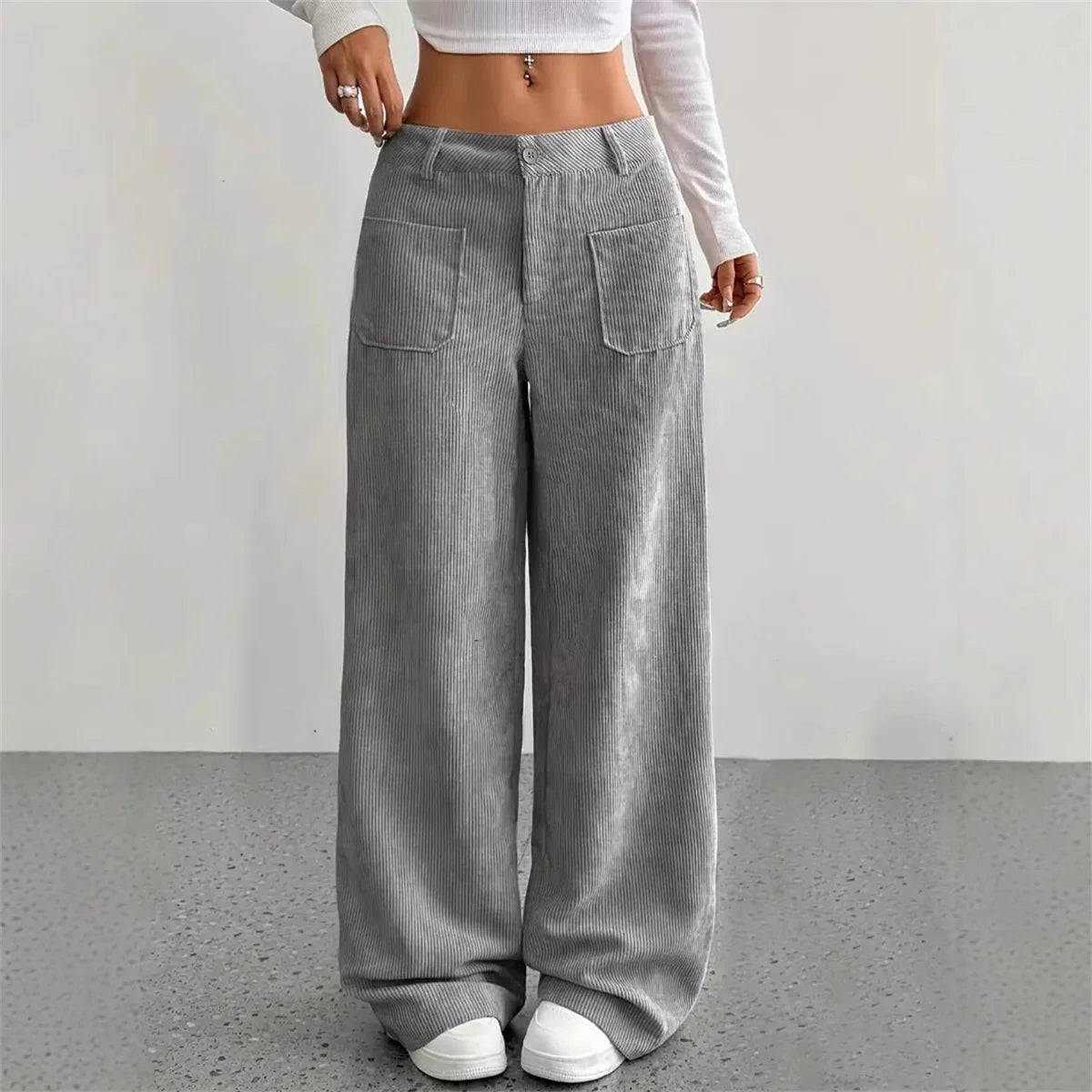 Women High Waist Corduroy Wide Leg Pants Casual Relaxed Fit Trousers