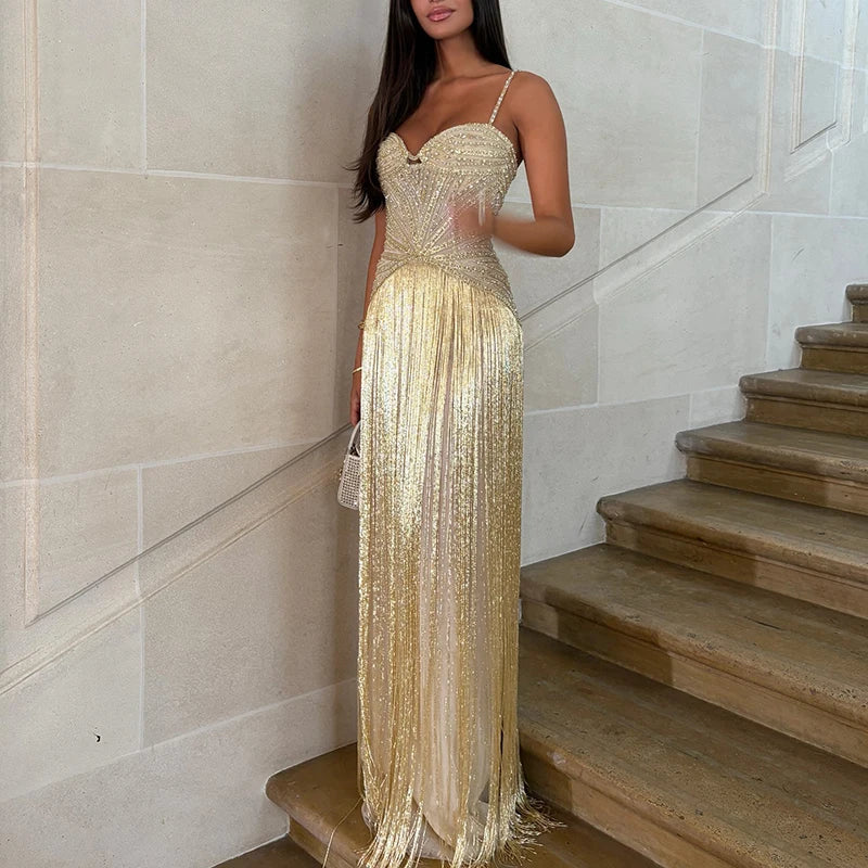 Women’s Gold Sequin Fringe Evening Gown | Strapless Corset Maxi Dress for Galas, Prom, Weddings & Formal Events