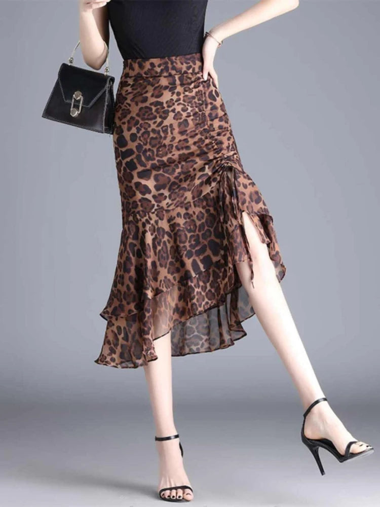 Women Leopard Print Ruffle Midi Skirt High Waist Ruched Mermaid Skirt