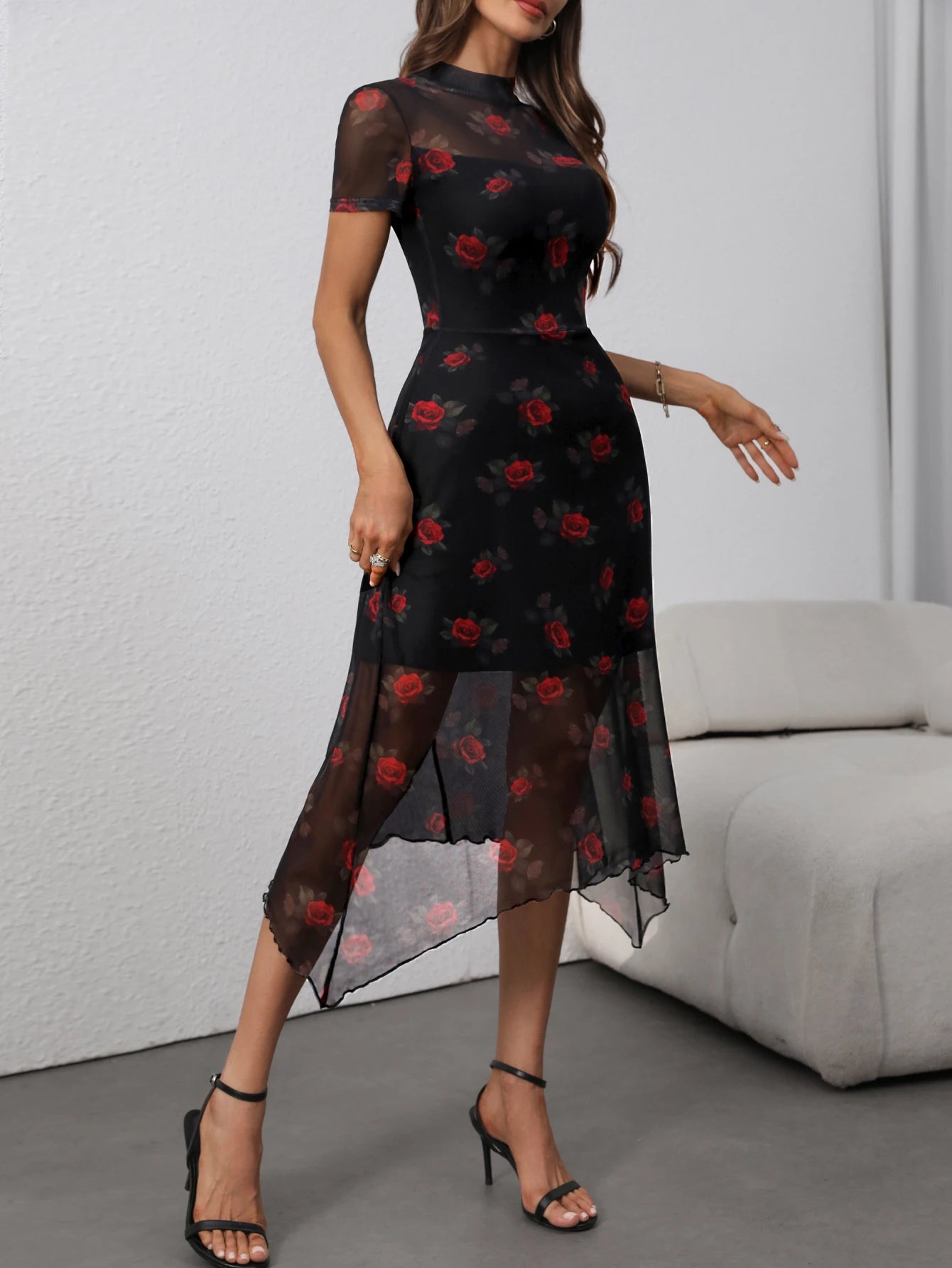 Floral Mesh Midi Dress Women | Sheer Short Sleeve Bodycon Elegant Dress