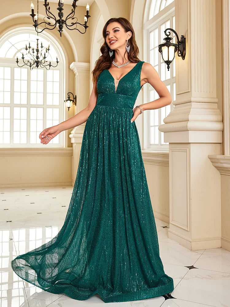 Women’s Emerald Green Glitter Chiffon Evening Gown | Sleeveless V-Neck Formal Maxi Dress for Weddings, Galas, Bridesmaids & Special Occasions
