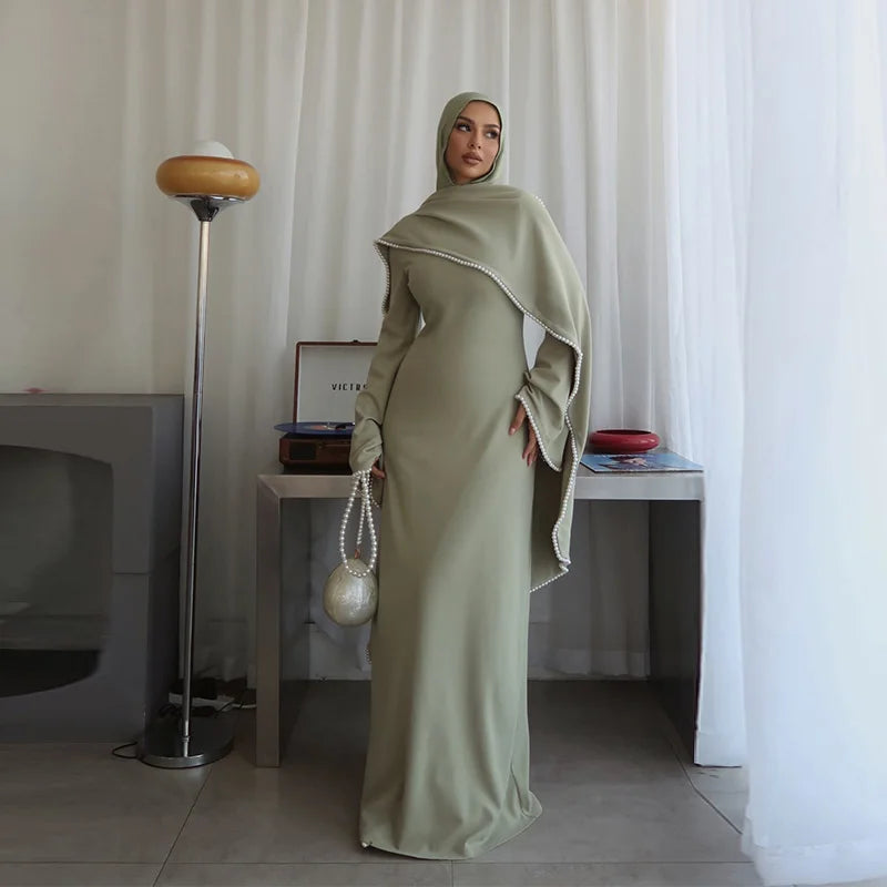 Women’s Sage Modest Abaya Dress Set | Elegant Pearl Trim Maxi Kaftan with Matching Shawl for Eid, Ramadan & Formal Occasions