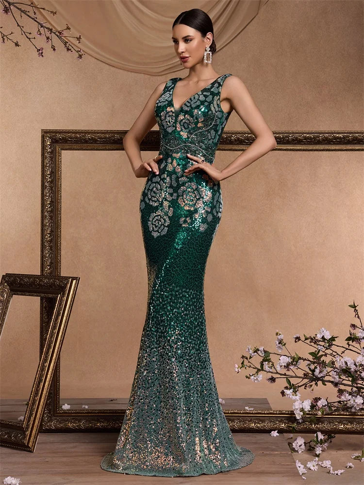 Women’s Emerald Green Sequin Mermaid Evening Gown | V-Neck Floral Beaded Formal Dress for Prom, Galas, Weddings & Black Tie Events