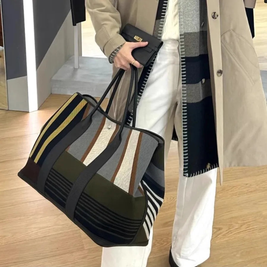 Designer Striped Tote Bag for Women | Large Capacity Shoulder Handbag | Fashion Travel Shopper Bag | Casual Everyday Tote Purse