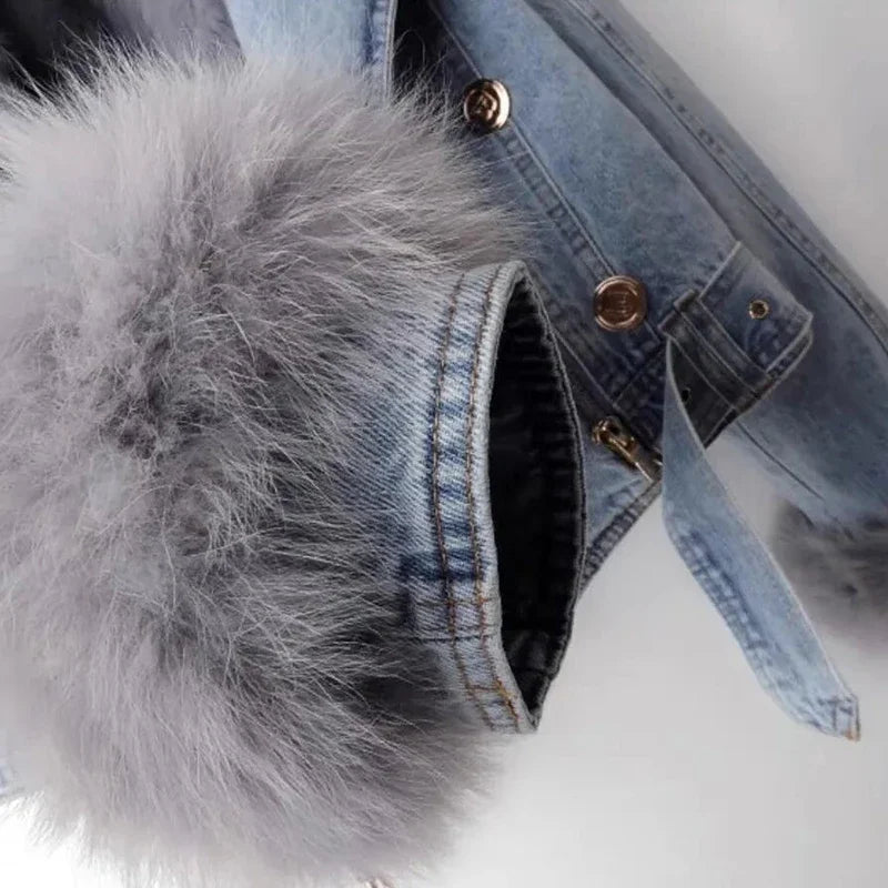 Women’s Faux Fur Denim Jacket | Luxury Cropped Winter Moto Coat
