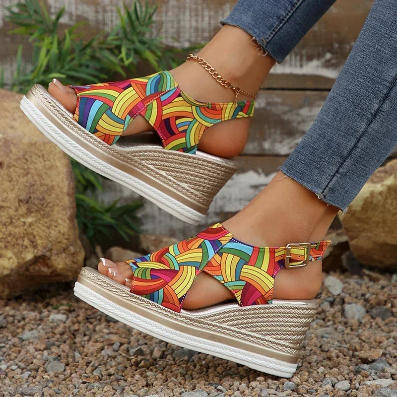 Women’s Printed Wedge Sandals – Colorful Platform Slingback Sandals for Casual, Travel & Summer Wear