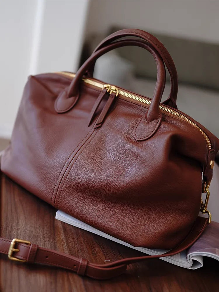 Vintage Leather Boston Bag for Women | Large Weekender Duffel Bag | Soft Leather Travel Tote | Elegant Carry-On Shoulder Handbag