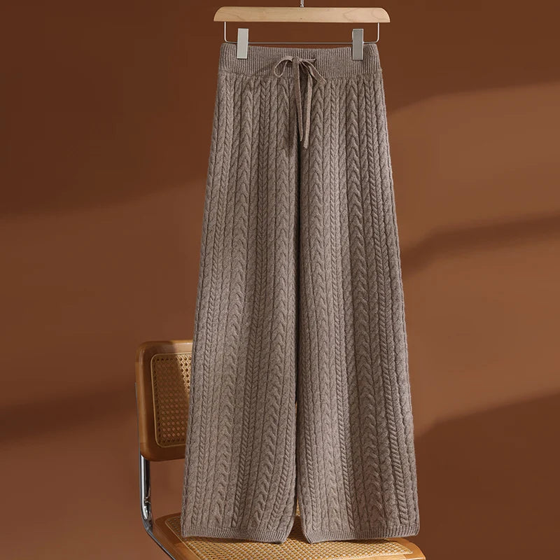 Women Cable Knit Wide Leg Lounge Pants High Waist Winter Palazzo Trousers