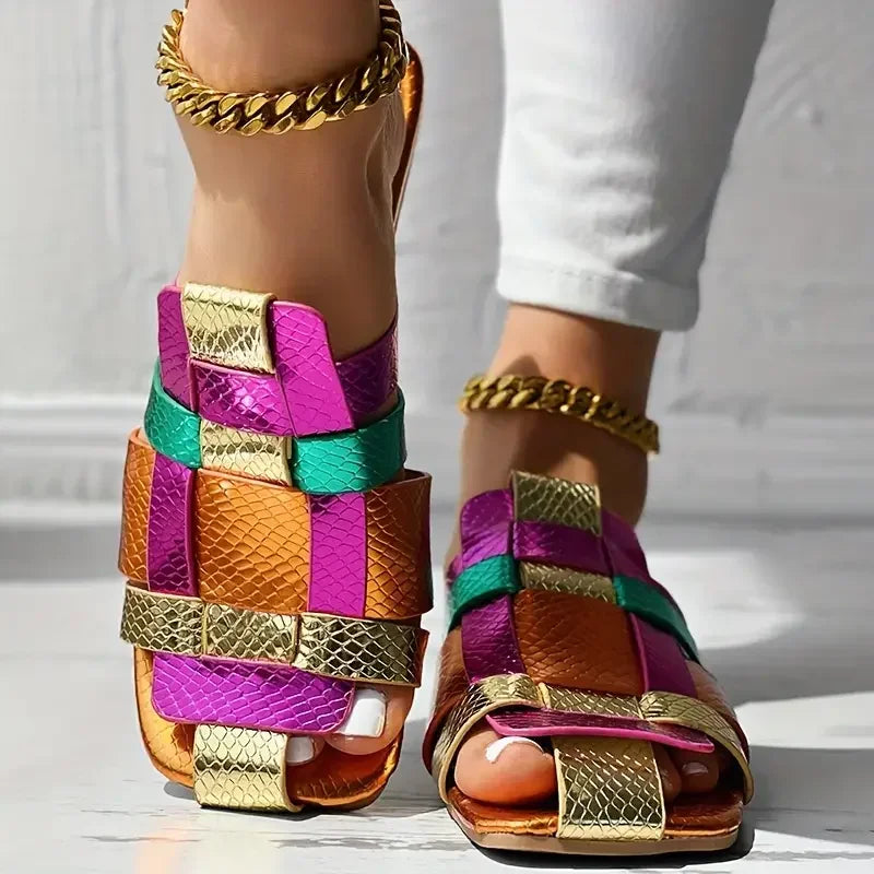 Women’s Multicolor Slide Sandals – Trendy Metallic Flat Slippers for Casual, Beach & Summer Wear