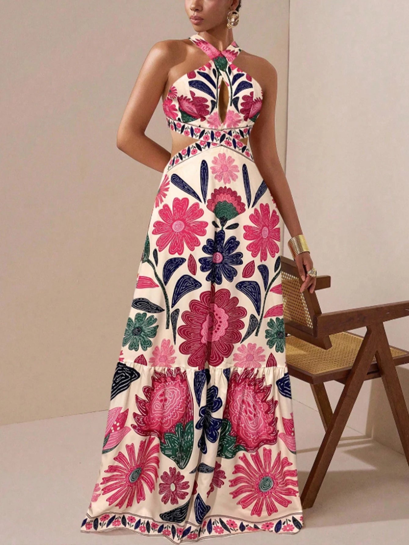 Floral Print Halter Neck Maxi Dress Women | A Line Cut Out Evening Dress